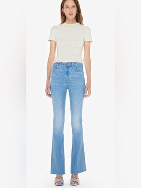 MOTHER Denim The Weekender Fray Mid Rise Flare Blue Jeans Satisfy Your Cravings